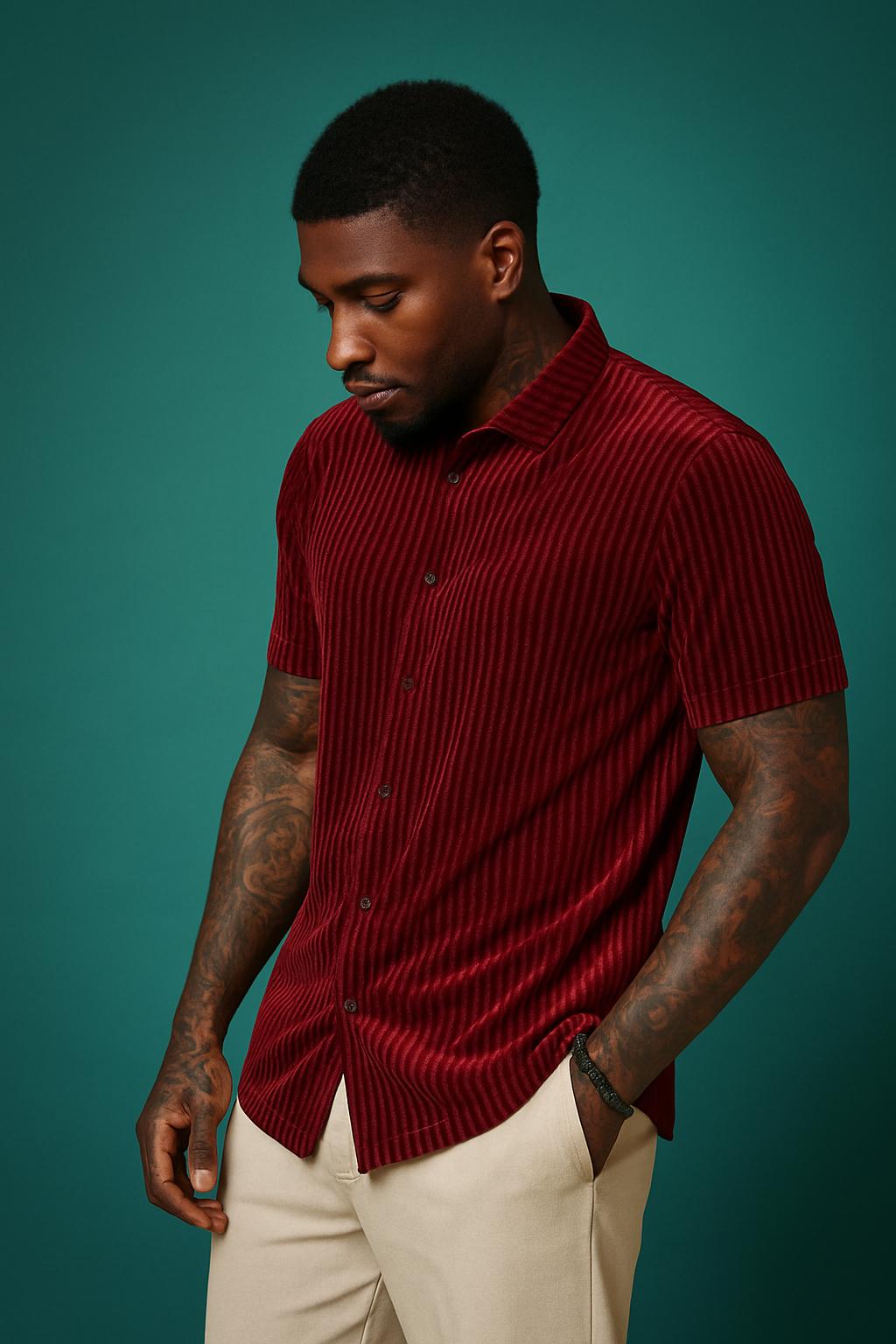 “CETO Crimson Rhythm” – Velvet Party Shirt