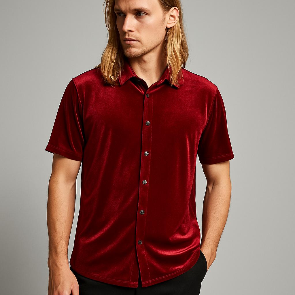“CETO Velvet Icon” – Mandarin Collar Shirt in Red