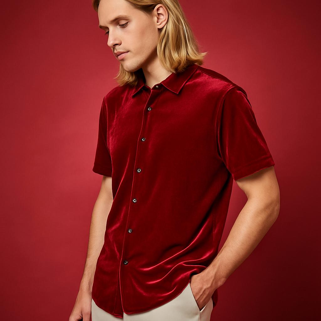 “CETO Velvet Icon” – Mandarin Collar Shirt in Red