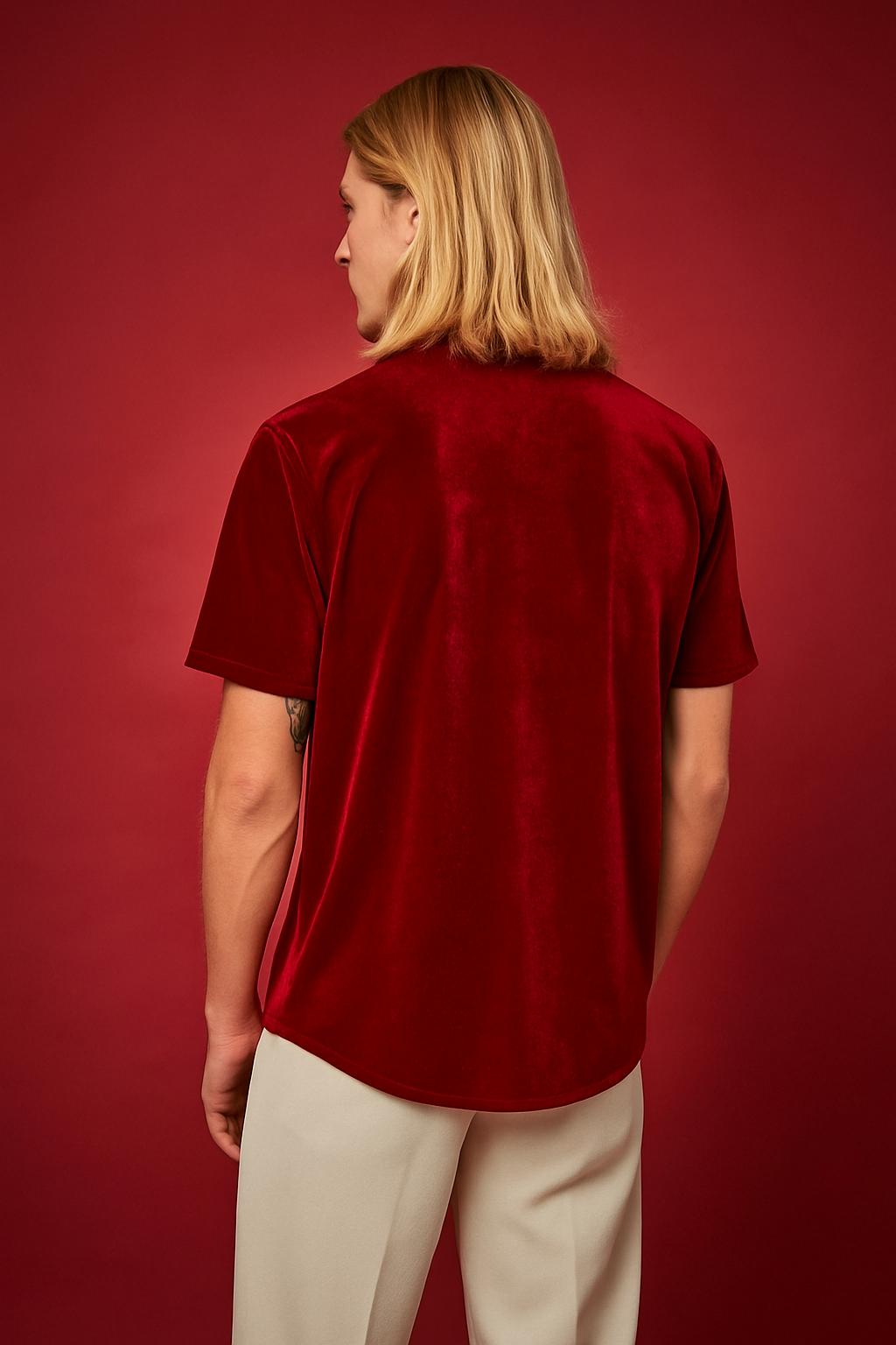 “CETO Velvet Icon” – Mandarin Collar Shirt in Red